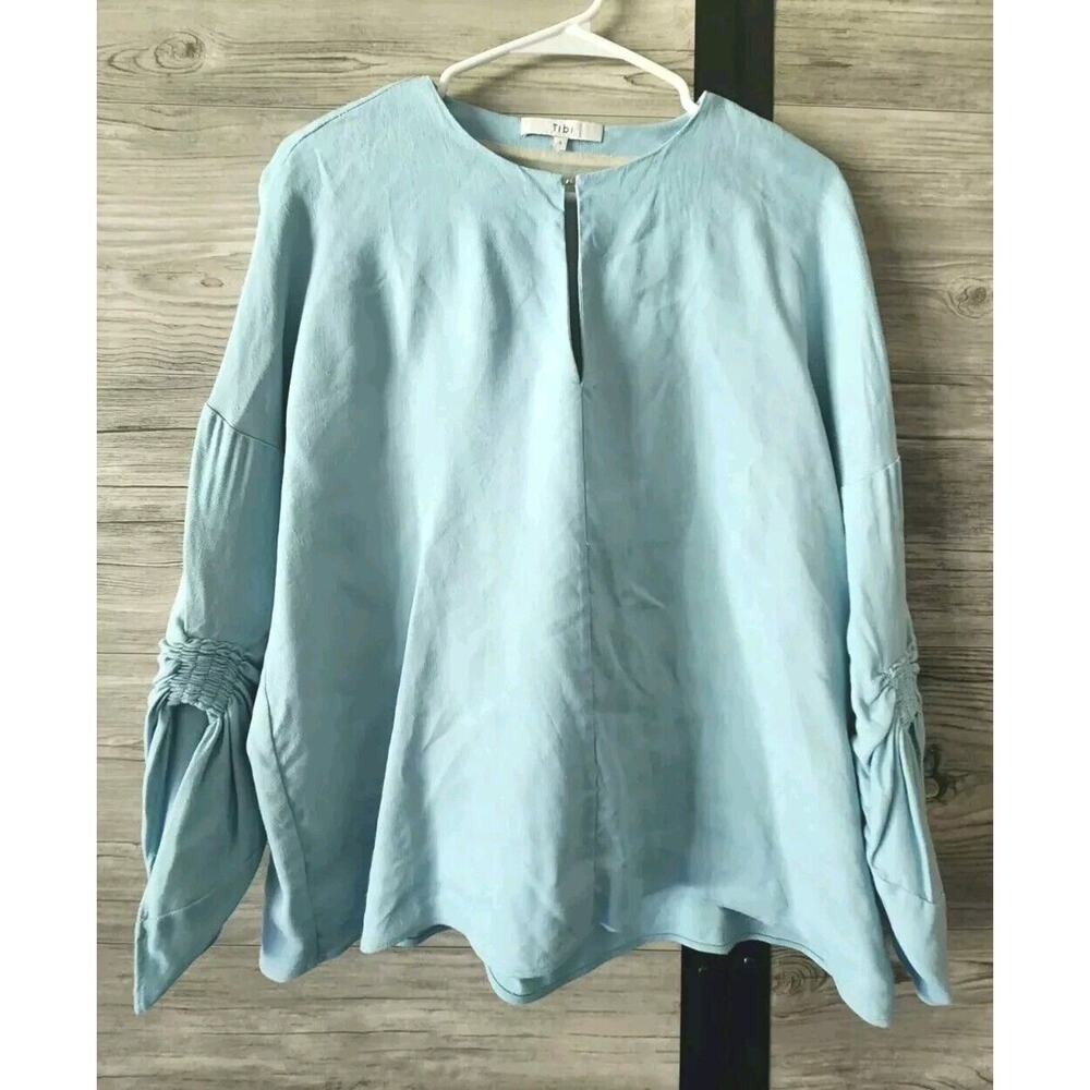 Tibi Women's Baby Blue linen Blend 3/4 Sleeve Top Size Small
